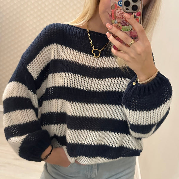 Blauw gehaakte wit gestreepte trui annefleur store spiegelfoto