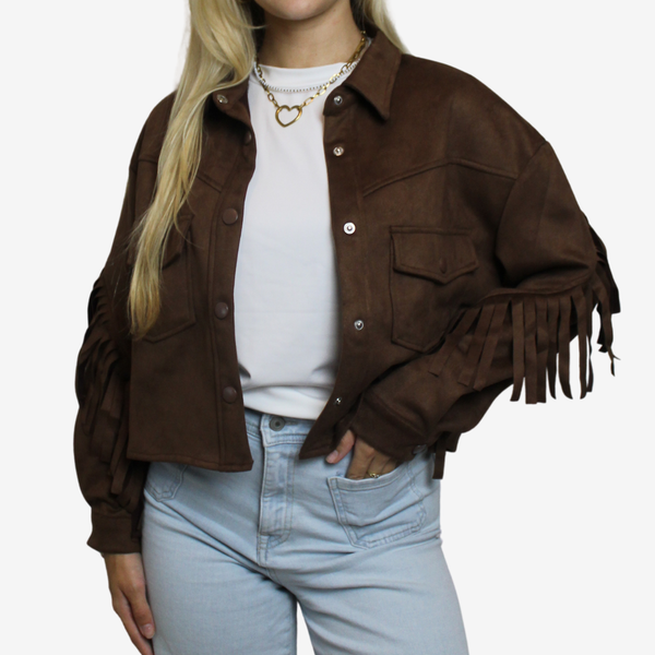 Suede bruine jas franjes annefleur stijl