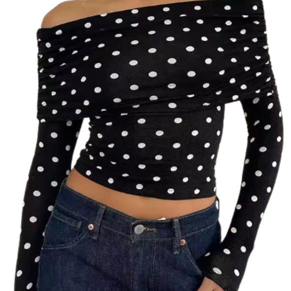 stippen polkadot top off shoulder annefleur style